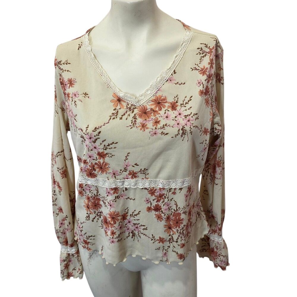 Fred David Floral Mesh Top Lace Trim V Neck Cottagecore Boho Women's M